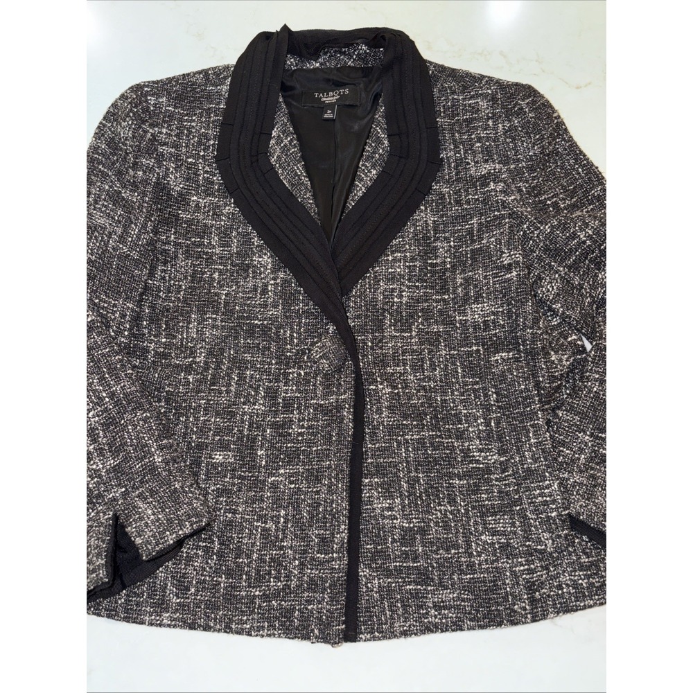 Talbots Womens 2P Boucle Tweed Gray Black Ribbon Trimmed‎ Cropped Blazer